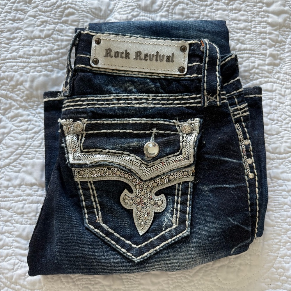 Rock Revival Women's Dark Blue Jeans with Silver Accents